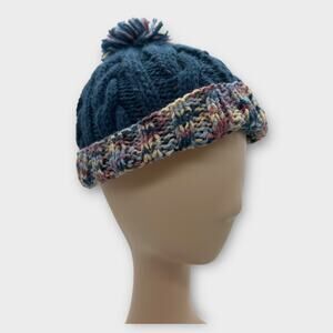 Chunky Knit Woven Blue Beanie Knit Pom Pom Winter Hat Boho Outdoors XS